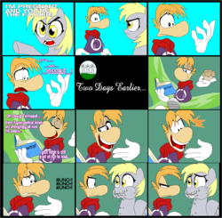 Size: 1403x1373 | Tagged: safe, artist:terry, derpy hooves, pegasus, pony, g4, comic, crossover, doug tennapel, female, implied rape, implied sex, mare, muffin, ratfist, rayman, you're the father