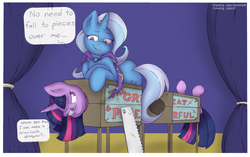 Size: 1260x793 | Tagged: safe, artist:jobo37, artist:joey darkmeat, trixie, twilight sparkle, pony, unicorn, g4, box sawing trick, colored, crosscut saw, cut-up by joey darkmeat, female, half, magic show, magic trick, mare, modular, saw