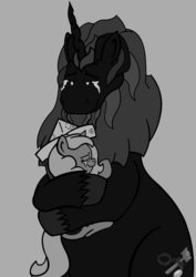 Size: 752x1063 | Tagged: safe, artist:tricornking, princess luna, oc, oc:king krampus, moonstuck, g4, cartographer's cap, filly, grayscale, hat, horn, king krampus, krampus, monochrome, simple background, tricorn, woona