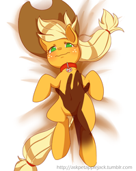 Size: 715x900 | Tagged: safe, artist:sion, applejack, g4, belly button, bellyrubs, blushing, collar, female, hand, hat, on back, solo