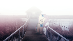 Size: 1920x1080 | Tagged: safe, artist:karl97, fluttershy, g4, bridge, clothes, dress, gala dress, house, irl, lake, photo, ponies in real life, sad, solo, vector, wallpaper