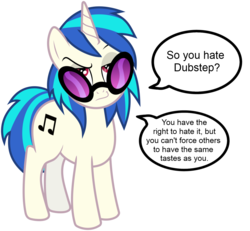 Size: 1109x1024 | Tagged: safe, dj pon-3, vinyl scratch, g4, arial font, dubstep, female, music, opinion, solo, text
