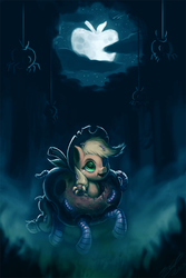 Size: 1080x1620 | Tagged: safe, artist:assasinmonkey, applejack, earth pony, pony, g4, apple, clothes, costume, female, forest, monster, moon, night, solo, surreal