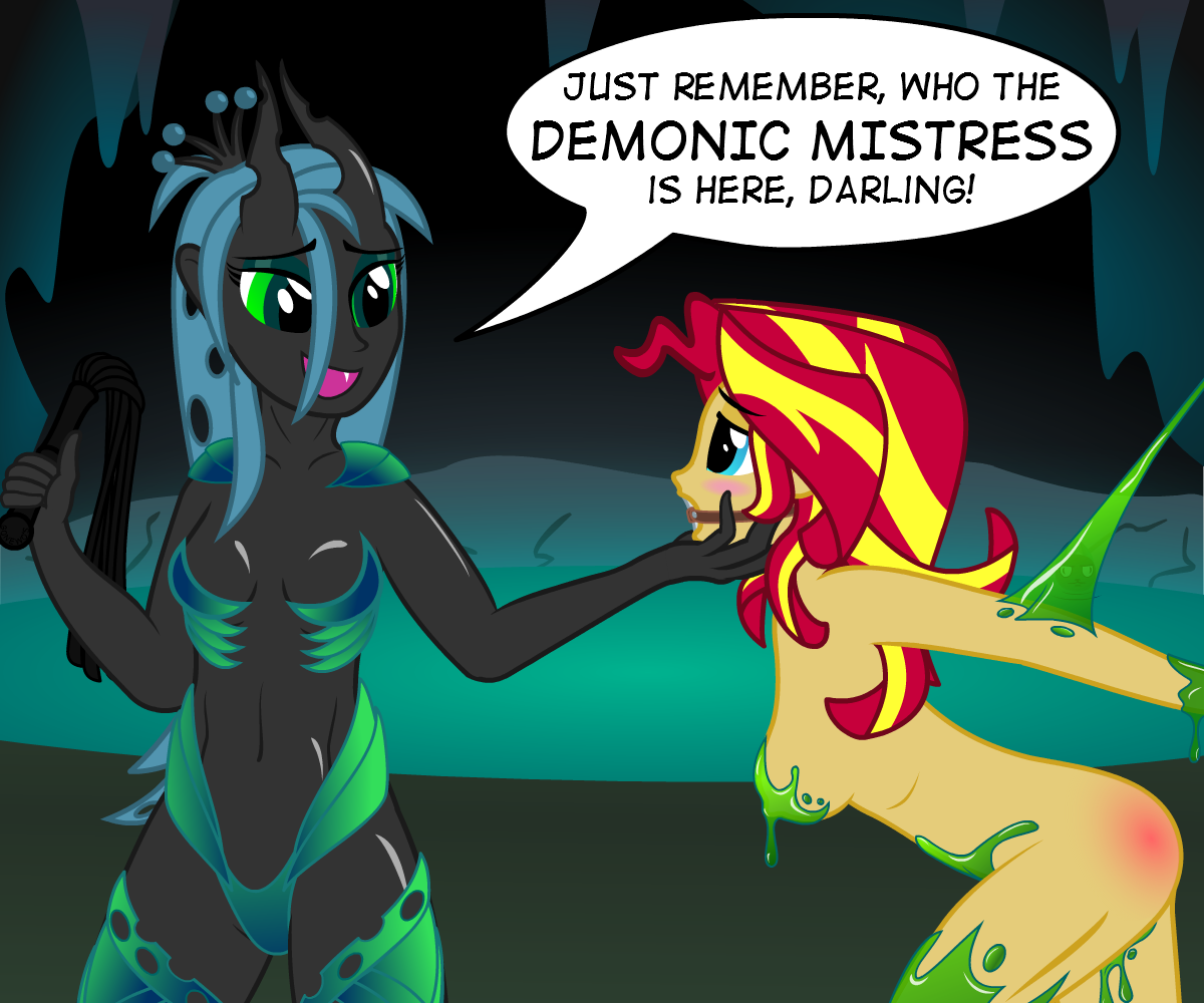 448690 - suggestive, artist:bajanic, queen chrysalis, sunset shimmer,  human, equestria girls, g4, bondage, breasts, equestria girls-ified,  female, femdom, gag, humanized, lesbian, me gusta, nudity, ring gag, show  accurate, show accurate porn, slime,