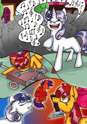 Size: 600x853 | Tagged: safe, artist:olivcater, apple bloom, sweetie belle, comic:medicines called friends needed, g4, comic, hammer, singing, wagon, wrench