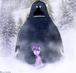 Size: 1144x1096 | Tagged: dead source, safe, artist:lova-gardelius, twilight sparkle, pony, unicorn, g4, crossover, female, freezing, mare, scared, snow, snowfall, the groke, the moomins, winter