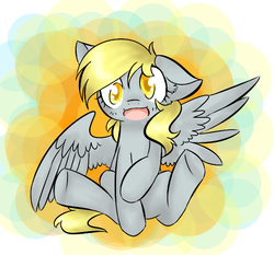 Size: 597x556 | Tagged: safe, artist:theluckyangel, derpy hooves, pegasus, pony, g4, colored pupils, cute, derpabetes, female, floppy ears, looking at you, mare, open mouth, sitting, smiling, solo, spread wings, underhoof