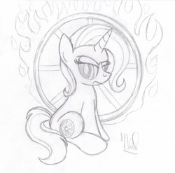 Size: 2352x2324 | Tagged: safe, artist:drawponies, trixie, pony, unicorn, g4, female, mare, monochrome, solo, traditional art, wheel