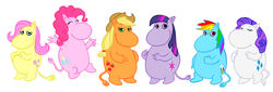 Size: 1336x455 | Tagged: safe, artist:crypticannelid, applejack, fluttershy, pinkie pie, rainbow dash, rarity, twilight sparkle, moomin, g4, crossover, mane six, moominified, moomins, species swap, tanoshii moomin ikka, the moomins