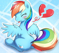 Size: 1060x946 | Tagged: safe, artist:aymint, rainbow dash, pegasus, pony, g4, back, blushing, butt, cute, eyes closed, female, heart, heartbreak, mare, plot, raspberry, raspberry noise, sitting, solo, spit, spitting, tongue out, tsunderainbow, tsundere, wings