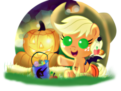 Size: 2048x1536 | Tagged: safe, artist:ruhisu, applejack, bat pony, earth pony, pony, spider, g4, baby, baby pony, babyjack, bag, bat wings, candy, chocolate, clothes, costume, cowboy hat, cute, female, filly, foal, food, halloween, hat, holiday, jack-o-lantern, jackabetes, lollipop, moon, nightmare, nightmare night, pumpkin, smiling, solo