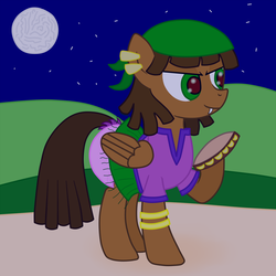 Size: 1280x1280 | Tagged: safe, artist:emerald rush, oc, oc only, oc:emerald rush, pegasus, pony, clothes, costume, diaper, folded wings, musical instrument, nightmare night, non-baby in diaper, pegasus oc, romani, solo, tambourine, wings