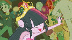 Size: 444x250 | Tagged: safe, artist:maxzzmax, screencap, diamond tiara, flash sentry, golden hazel, rose heart, scribble dee, silver spoon, sophisticata, sweet leaf, trixie, twilight sparkle, human, equestria girls, g4, my little pony equestria girls, all fours, animated, ass, big crown thingy, bump bump sugar lump rump, butt, butt to butt, butt touch, dancing, diamond buttiara, do the sparkle, eyes closed, gangnam style, grin, open mouth, ponied up, silverbutt, smiling, spread wings, the club can't even handle me right now, twilight sparkle (alicorn), wink