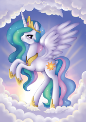 Size: 800x1129 | Tagged: safe, artist:trefleix, princess celestia, alicorn, pony, g4, cloud, female, mare, rearing, solo, sun