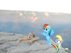 Size: 320x240 | Tagged: safe, derpy hooves, rainbow dash, human, g4, canyon, falling, funny, irl, irl human, parody, photo