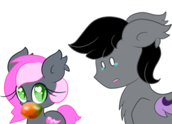 Size: 2781x2000 | Tagged: safe, artist:starlightlore, oc, oc only, oc:aux, oc:heartbeat, bat pony, pony, blank flank, crying, floppy ears, heart, heart eyes, mango, mouth hold, simple background, transparent background, wingding eyes