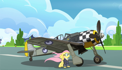 Size: 1175x680 | Tagged: safe, artist:colorcopycenter, fluttershy, pegasus, pony, g4, aircraft, clothes, cloud, cloudy, female, fighter, fw 190, goggles, mare, pilot, plane, solo, spread wings, suit, wings