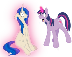 Size: 1024x814 | Tagged: safe, artist:cartoonlion, twilight sparkle, oc, oc:lous lisi, pony, unicorn, g4, duo, duo female, eye clipping through hair, eyebrows, eyebrows visible through hair, female, floppy ears, frown, glowing, glowing horn, horn, magic, magic aura, mare, open mouth, rule 63, shocked, simple background, sitting, transparent background, unicorn oc, unicorn twilight