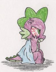 Size: 304x388 | Tagged: safe, artist:raijinsenshi, spike, g4, annoyed, blanket, bloodshot eyes, insomnia, male, red eyes, sleepy, solo, traditional art