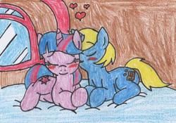 Size: 426x299 | Tagged: safe, artist:raijinsenshi, twilight sparkle, oc, pony, unicorn, g4, bed, blushing, canon x oc, cascos, duo, female, kissing, mare, traditional art, unicorn twilight