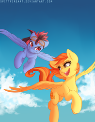 Size: 785x1000 | Tagged: safe, artist:spittfireart, spitfire, oc, oc:gale force, pegasus, pony, g4, cloud, colored, cute, cutefire, duo, female, floppy ears, flying, goggles, looking at each other, male, mare, open mouth, sky, spread wings, stallion, wings