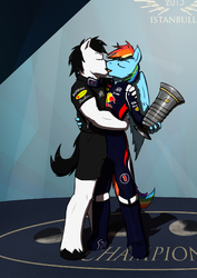 Size: 895x1267 | Tagged: safe, artist:krd, rainbow dash, oc, oc:gear head, anthro, g4, canon x oc, clothes, formula 1, gay, male, racing suit, rainbow blitz, rule 63, trophy