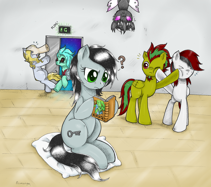 448960 - safe, artist:evomanaphy, oc, oc only, oc:emerald chord, oc:evo, oc:mad  theory, oc:rainbow shade, changeling, earth pony, pegasus, pony, unicorn,  comic, evomanaphy, evorald, funny, group photo, group shot - Derpibooru