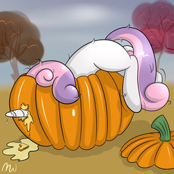 Size: 3000x3000 | Tagged: safe, artist:malwinters, sweetie belle, pony, unicorn, g4, female, horn, horn impalement, hungry, pumpkin, puncture, silly, silly pony, solo, sweetie fail