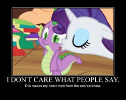 Size: 750x600 | Tagged: safe, edit, edited screencap, screencap, rarity, spike, dragon, pony, unicorn, g4, secret of my excess, adorkable, cheek kiss, cute, dork, eyes closed, female, floppy ears, frown, kiss mark, kissing, lipstick, male, mare, motivational poster, ship:sparity, shipping, spikelove, straight, wide eyes