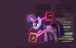 Size: 1680x1050 | Tagged: safe, artist:mysticalpha, twilight sparkle, pony, unicorn, g4, book, female, glowing horn, horn, magic, solo, unicorn twilight, wallpaper