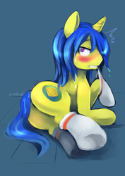 Size: 481x680 | Tagged: safe, artist:ende26, oc, oc only, pony, unicorn, blushing, butt, clothes, gritted teeth, looking at you, looking back, mouth hold, on side, plot, sock, socks, solo, sweat, wide eyes