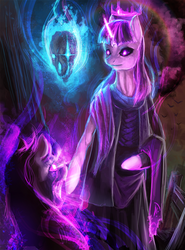 Size: 800x1081 | Tagged: safe, artist:elkaart, twilight sparkle, semi-anthro, g4, corrupted, creepy, evil, glowing eyes, robes, skull