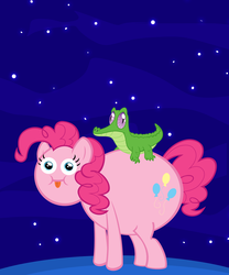 Size: 900x1080 | Tagged: safe, artist:pixelkitties, gummy, pinkie pie, g4, :i, :p, adventure time, crossover, ice king, looking at you, male, nightmare fuel, no nose, poo brain, smiling, tongue out