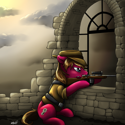 Size: 1000x1000 | Tagged: safe, artist:nessia, oc, oc only, oc:cherry pie, fallout equestria, fallout equestria: new pegas, gun, sniper, solo