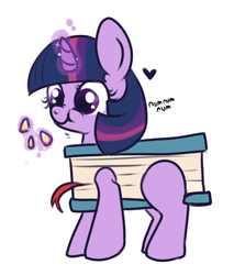Size: 340x400 | Tagged: safe, artist:lulubell, twilight sparkle, g4, book, book costume, candy corn, clothes, costume, female, food, simple background, solo, white background