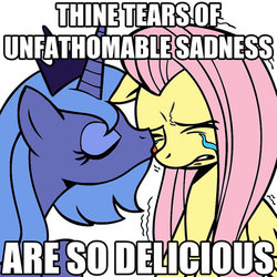 Size: 473x473 | Tagged: safe, artist:megasweet, edit, fluttershy, princess luna, g4, crying, eyes closed, licking, reaction image, s1 luna, sad, scott tenorman must die, shuddering, simple background, south park, white background, ye olde butcherede englishe, your tears are delicious