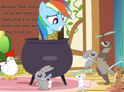Size: 747x554 | Tagged: safe, edit, edited screencap, screencap, rainbow dash, bird, chicken, pegasus, pony, rabbit, g4, magical mystery cure, animal, caption, cauldron, female, implied vore, insane pony thread, mare, peril, person as food, rope, tied up