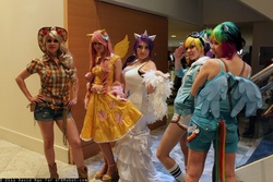 Size: 1600x1067 | Tagged: safe, artist:burloire, artist:kalasnacks, artist:panda treats, artist:rose0fmay, applejack, fluttershy, rainbow dash, rarity, human, g4, cosplay, dragon con, irl, irl human, photo