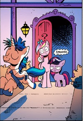 Size: 207x301 | Tagged: safe, idw, official comic, princess cadance, shining armor, twilight sparkle, g4, spoiler:comic, confused, dork, female, filly, filly twilight sparkle, teen princess cadance, unimpressed, younger