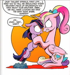 Size: 346x371 | Tagged: safe, idw, official comic, princess cadance, twilight sparkle, alicorn, pony, unicorn, g4, neigh anything, spoiler:comic, spoiler:comic12, adventure in the comments, determined, dissonant cadance, duo, face to face, female, filly, filly twilight sparkle, holding, holding a pony, shrunken pupils, sitting, surprised, teen princess cadance, unicorn twilight, wait what, younger
