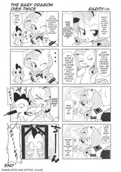 Size: 1200x1704 | Tagged: safe, artist:azuharu, rarity, spike, dragon, pony, unicorn, g4, 4koma, accidental death, caught, clothes, comic, cute, death, duo, duo male and female, female, horn, male, monochrome, murder, raribetes, sailor uniform, school uniform, spikabetes, translation, wingless spike