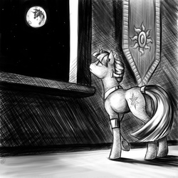 Size: 2000x2000 | Tagged: safe, artist:valkyrie-girl, twilight sparkle, g4, alternate hairstyle, female, mare in the moon, monochrome, moon, night, solo