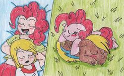 Size: 663x411 | Tagged: safe, artist:raijinsenshi, pinkie pie, oc, oc:kevin, human, g4, blushing, drool, eyes closed, floppy ears, humanized, open mouth, prone, sleeping, smiling, traditional art
