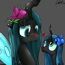 Size: 1000x1000 | Tagged: safe, artist:cs, queen chrysalis, oc, changeling, changeling queen, nymph, g4, blushing, changeling oc, cute, cutealis, cuteling, duo, duo female, female, floppy ears, gray background, heart, heart's desire, mommy chrissy, mother, mother and daughter, ocbetes, poison joke, signature, simple background, smiling