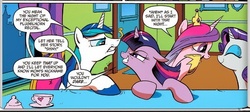 Size: 616x276 | Tagged: safe, idw, official comic, princess cadance, rarity, shining armor, twilight sparkle, alicorn, pony, unicorn, g4, spoiler:comic, brother and sister, female, male, mare, siblings, stallion