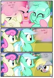 Size: 1741x2500 | Tagged: safe, artist:pyruvate, bon bon, derpy hooves, lyra heartstrings, pinkie pie, sweetie drops, earth pony, pegasus, pony, unicorn, comic:the usual, g4, comic, female, mare, squishy cheeks