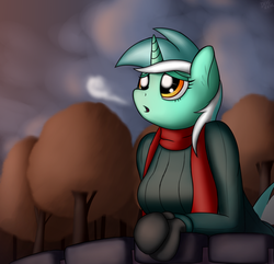 Size: 2247x2167 | Tagged: safe, artist:devs-iratvs, lyra heartstrings, anthro, g4, clothes, female, lidded eyes, mittens, overcast, scarf, solo, tree