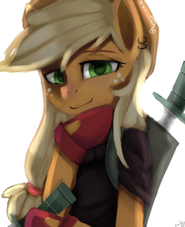 Size: 2100x2572 | Tagged: safe, artist:facerenon, applejack, earth pony, pony, semi-anthro, g4, bipedal, clothes, female, gloves, piercing, scarf, solo, sword