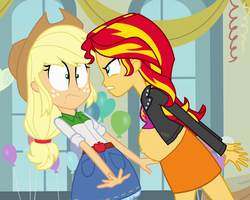 Size: 1241x995 | Tagged: safe, applejack, sunset shimmer, equestria girls, g4, my little pony equestria girls, angry, mood swing, pregnant, pregnant edit, pregnant equestria girls