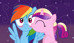 Size: 1024x599 | Tagged: safe, artist:andreamelody, princess cadance, rainbow dash, g4, age regression, blushing, cadash, female, lesbian, shipping